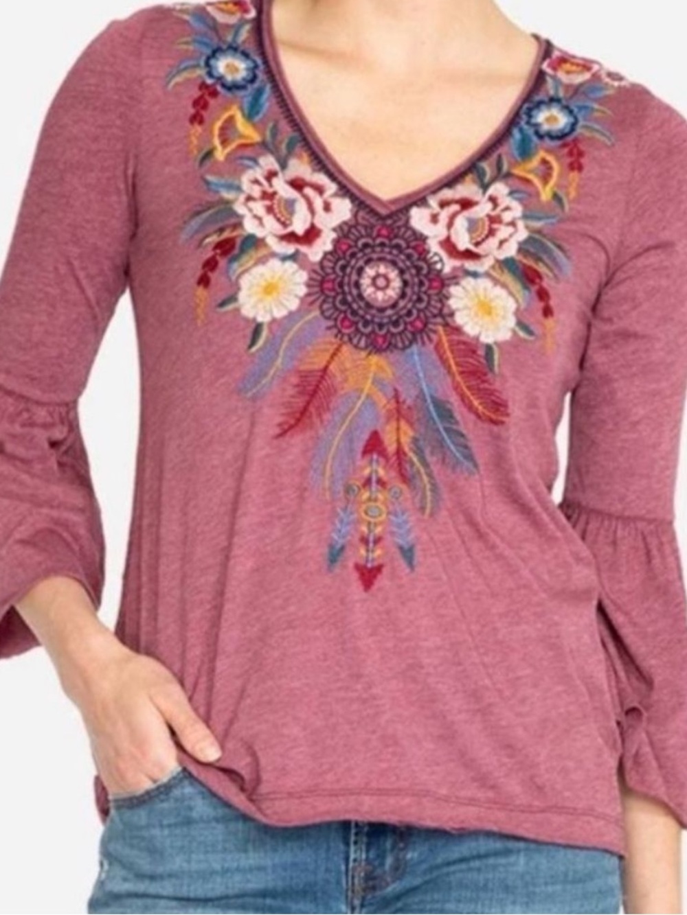 Johnny Was Darielle Embroidered Bell Sleeve Top Blackberry Boho Floral Size XS